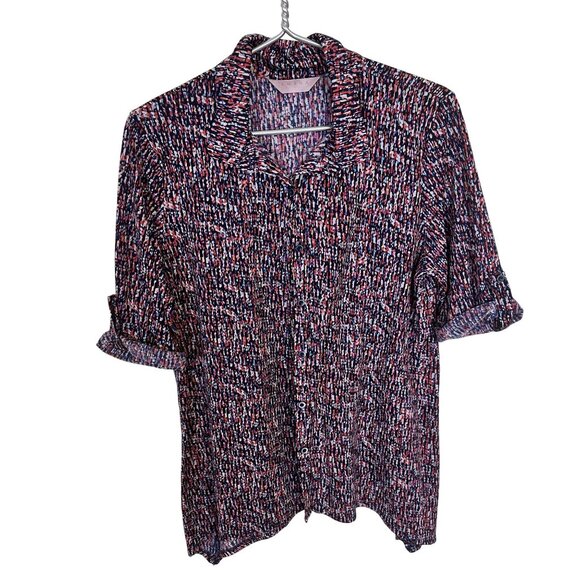 Amana Womens Button Up Blouse Short Sleeve Top Purple Abstract Geometric - Picture 1 of 7